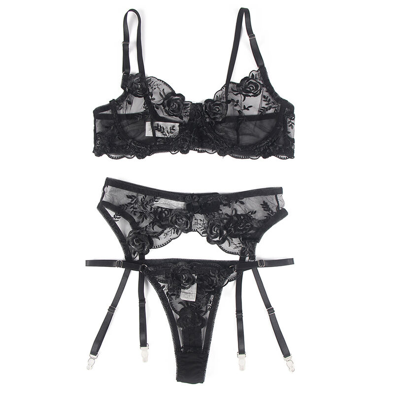 SUBBLIME - SET DE 3 PIEZAS SUJETADOR + TANGA + LIGA ESTAMPADO FLORAL NEGRO S/M - Image 5