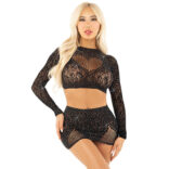 LEG AVENUE - CROPPED DE REDE BRILHANTE + MINI SAIA PRETA