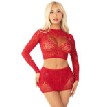 LEG AVENUE - CROPPED DE REDE BRILHANTE + MINI SAIA VERMELHO