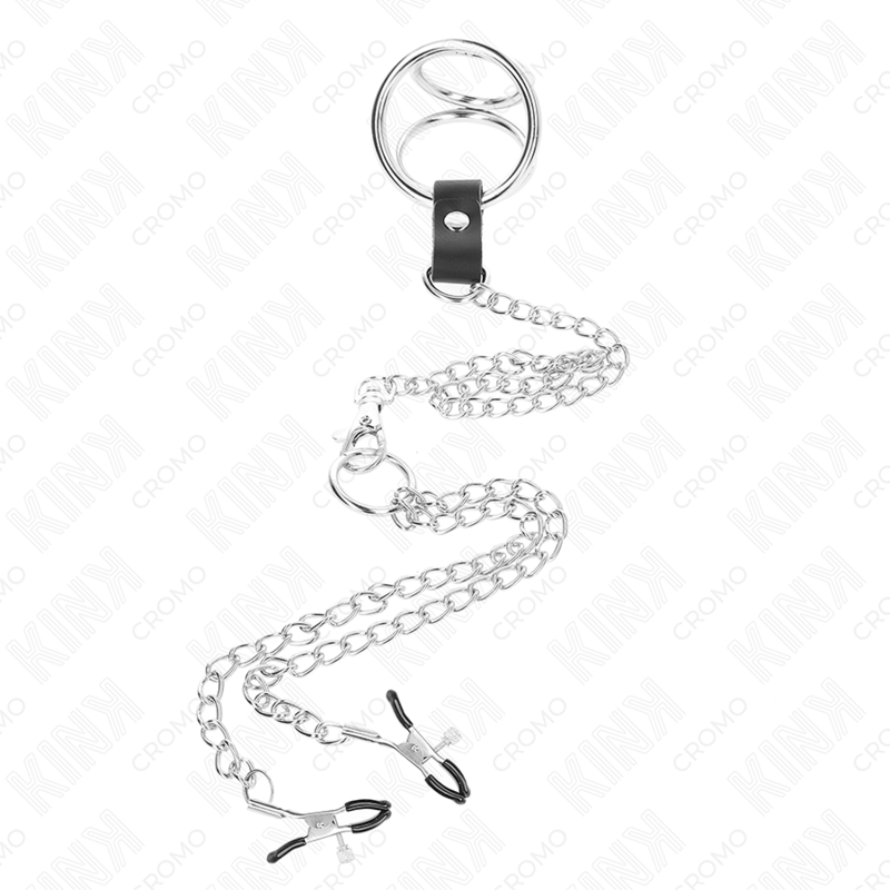 KINK - ANEL DE PÊNIS DE METAL TRIPLO CROMADO DE 3 CM A 4,5 CM COM CORRENTE DE METAL DE 26 CM E CLIPES DE MAMILO - Image 3