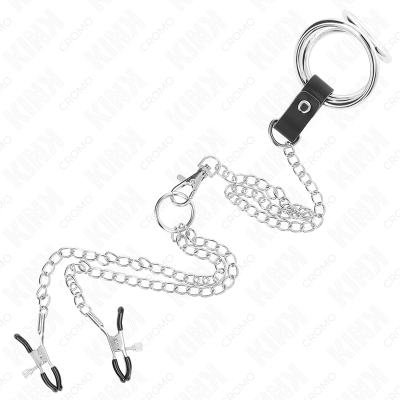 KINK - ANEL DE PÊNIS DE METAL TRIPLO CROMADO DE 3 CM A 4,5 CM COM CORRENTE DE METAL DE 26 CM E CLIPES DE MAMILO - Image 5