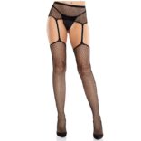 LEG AVENUE - MEIAS DE RENDA COM CRUZ E CINTO-LIGA PRETO