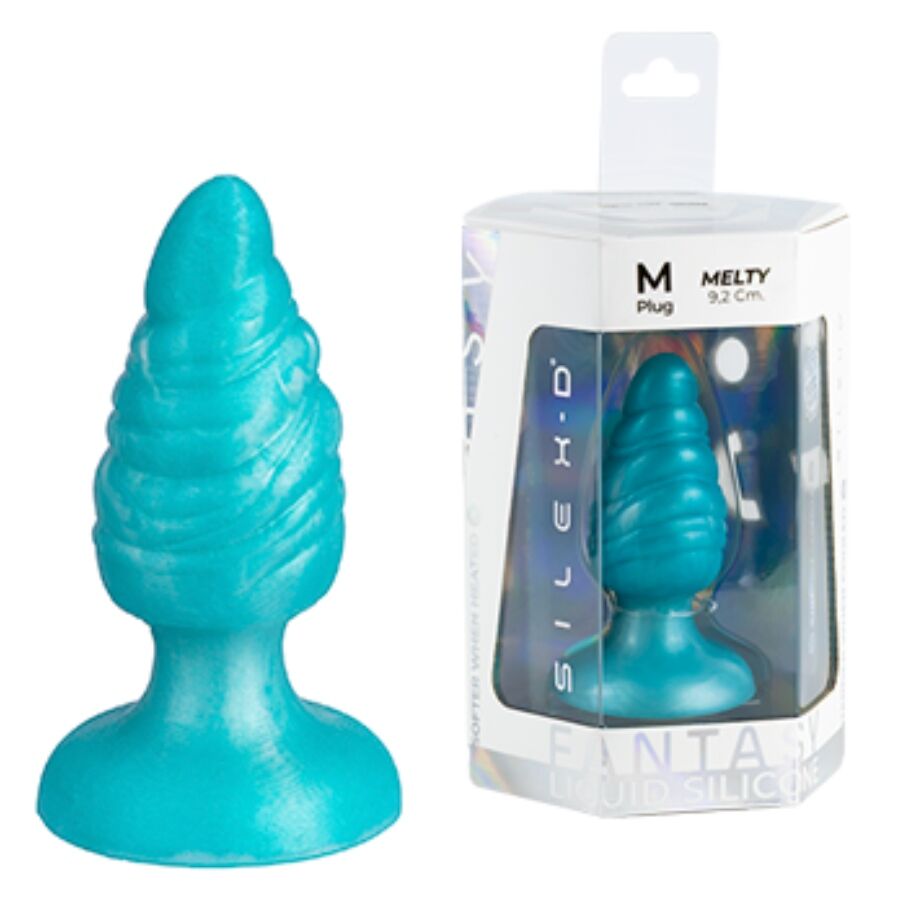 SILEXD - MELTY PLUG ANAL DE DERRETIMENTO FANTASY DE SILICONE LÍQUIDO TERMOREATIVO AZUL CELESTIAL 9,2 CM