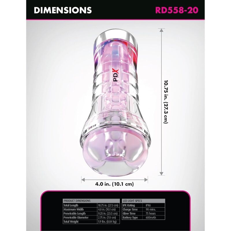 PDX ELITE - VIEWTUBE XXL LED TRANSPARENT STROKER 27,3 CM - Image 5
