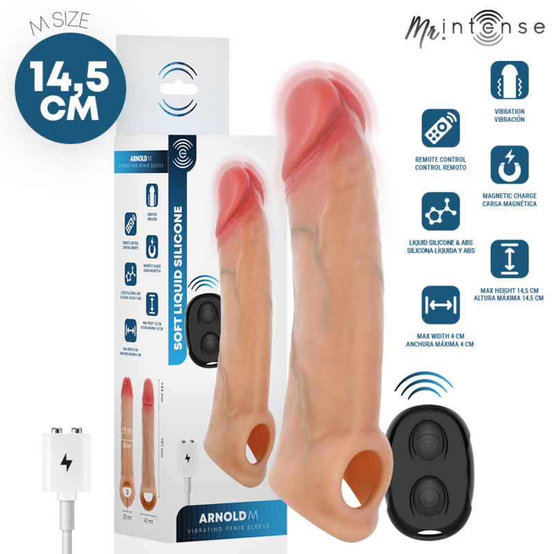 MR INTENSE - CAPA DE SILICONE PARA PÊNIS COM VIBRADOR ARNOLD M E CONTROLE REMOTO 14,5 CM -Ø- 4 CM